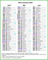 Agenda 2027 trimestriel avec couleurs du texte différentes pour le samedi et le dimanche