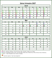 Calendrier 2027 à imprimer trimestriel, format mini de poche, avec les vacances scolaires
