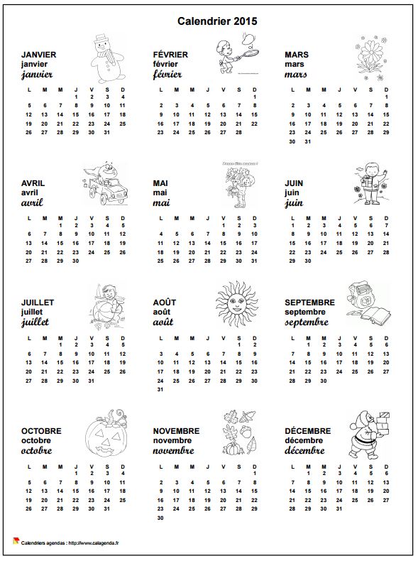 Calendrier 2105 annuel école primaire et maternelle