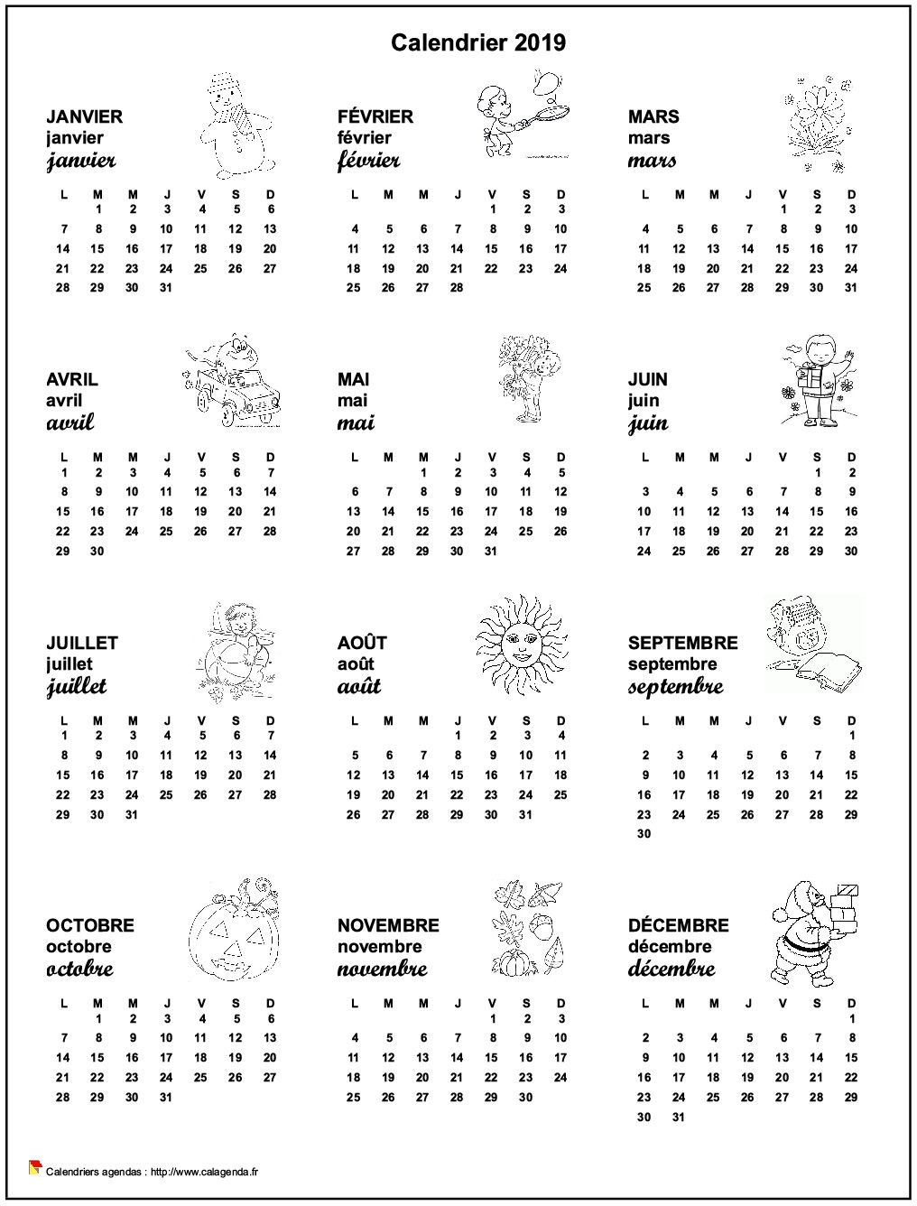 Calendrier 2109 annuel école primaire et maternelle