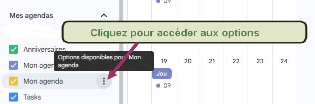 Accès aux options avec Google Agenda